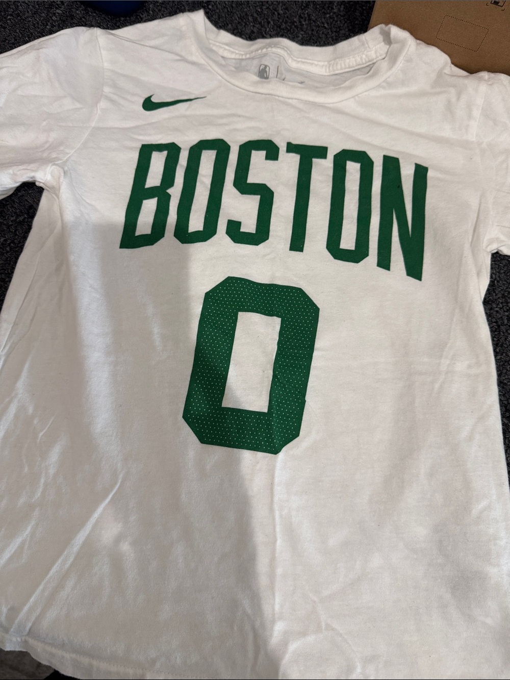 Nike White Tee with Green Boston Graphic and Number 0